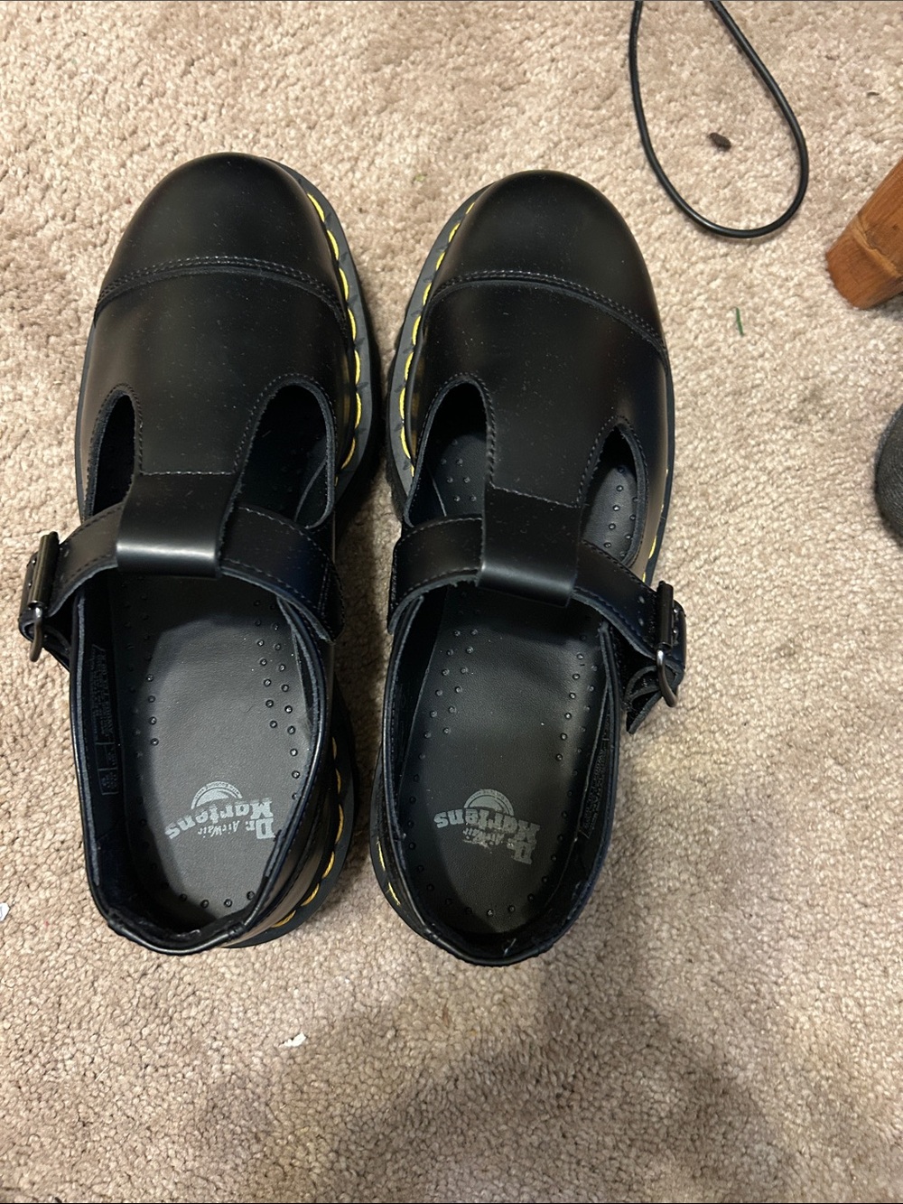 Dr. Martens Black Kids Mary Jane Shoes with Yellow Stitching